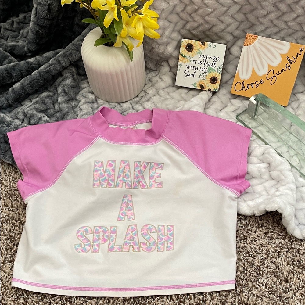 💞 CAT & JACK Girls' SZ:7/8 Pink and White w gold trim Top Make A Splash 💦